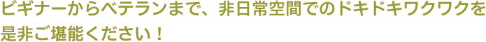 ビギナーからベテランまで、非日常空間でのドキドキワクワクをぜひご堪能ください！