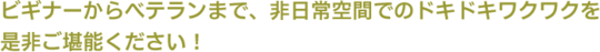 ビギナーからベテランまで、非日常空間でのドキドキワクワクをぜひご堪能ください！